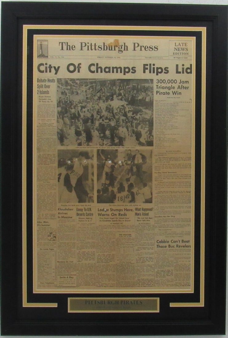 Pittsburgh Pirates 1960 World Series Champs Framed Newspaper: Pittsburgh Pirates 1960 World Series Champs Framed Newspaper Celebrate the Pittsburgh Pirates' historic 1960 World Series Championship with this original framed newspaper from The Pittsburgh Press. Th