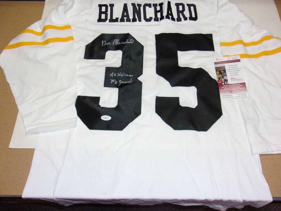 Doc Blanchard Signed Army Black Knights Jersey 46 Heisman JSA COA: Doc Blanchard Signed Army Black Knights Jersey 46 Heisman JSA COA This original jersey features the iconic DOC BLANCHARD, a celebrated player of the Army Black Knights, known for his impressive Heisma