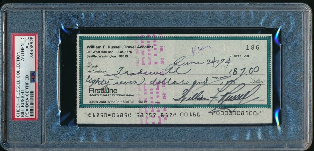 Bill Russell Signed 1974 Bank Check Boston Celtics PSA/DNA: Bill Russell Signed 1974 Bank Check Boston Celtics PSA/DNA This is an original 1974 bank check autographed by Bill Russell, a Hall of Fame player known for his outstanding contributions to the Boston
