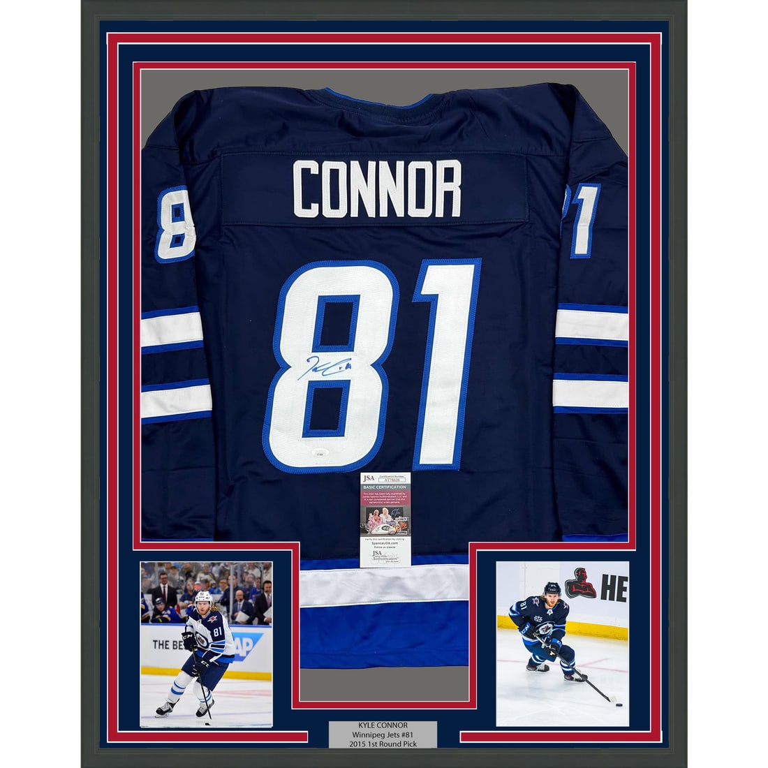 Framed Kyle Connor Autographed Winnipeg Jets Jersey with JSA COA 35x39: Framed Kyle Connor Autographed Winnipeg Jets Jersey with JSA COA 35x39 Showcase your passion for hockey with this professionally framed and autographed Kyle Connor Winnipeg Jets jersey. This stunning
