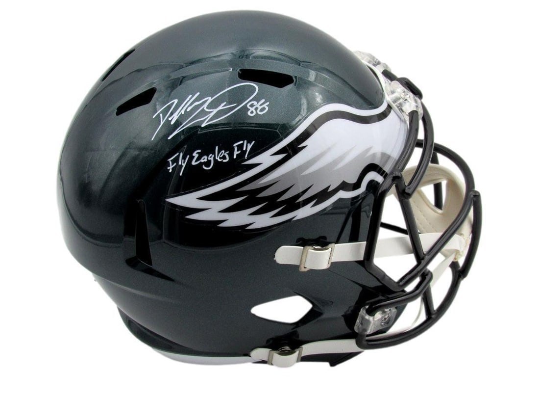 Dallas Goedert Autographed Speed Replica Eagles Helmet with Inscription Fanatics: Dallas Goedert Autographed Speed Replica Eagles Helmet with Inscription Fanatics This is a Dallas Goedert Signed and Inscribed "Fly Eagles Fly" Full Size Speed Replica Football Helmet from the Philade