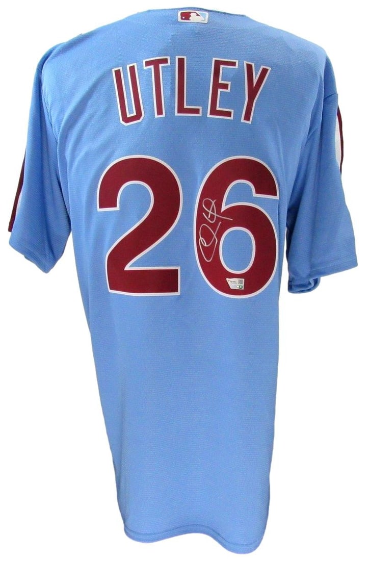 Philadelphia Phillies XL Blue Jersey Autographed by Chase Utley Fanatics Authenticated: Philadelphia Phillies XL Blue Jersey Autographed by Chase Utley Fanatics Authenticated This is a pre-owned blue Nike baseball jersey signed by Chase Utley of the Philadelphia Phillies in size XL. The