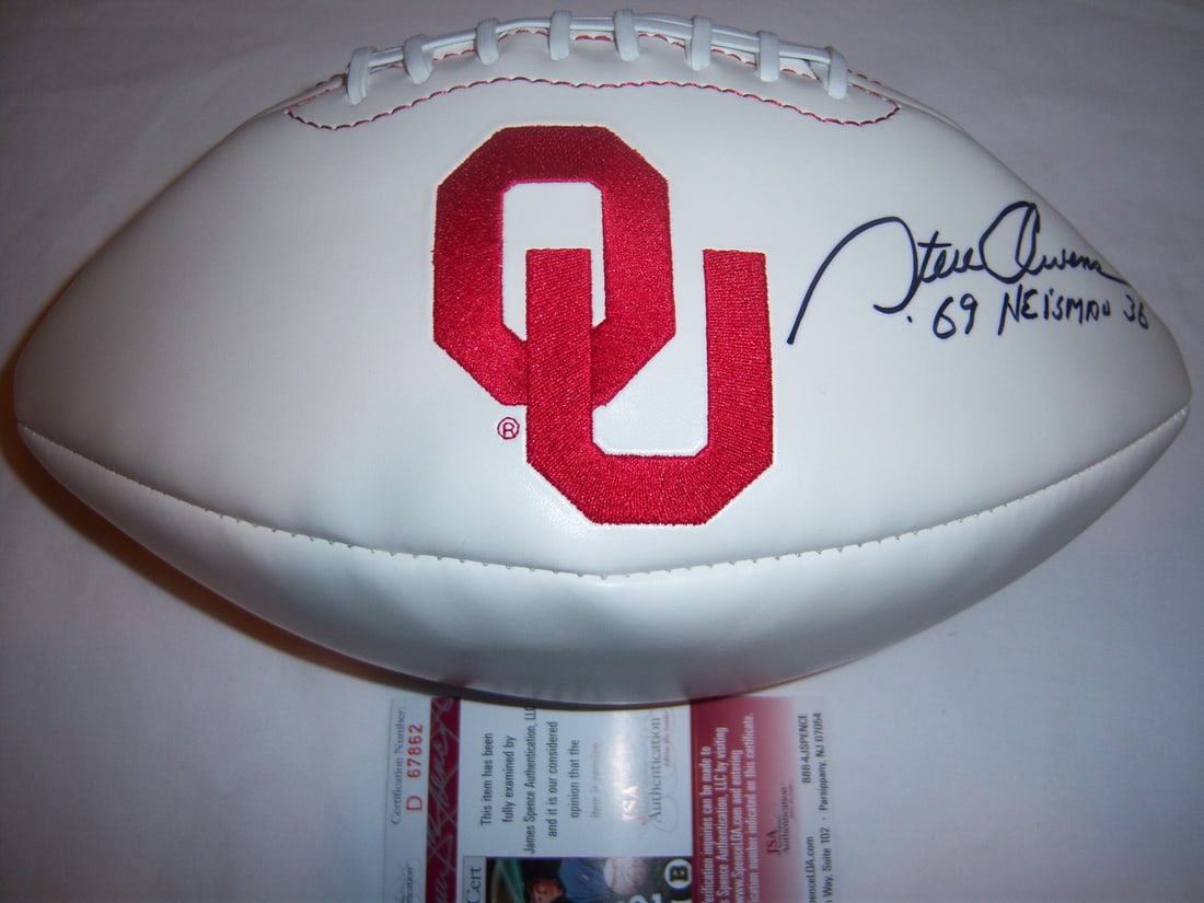 Steve Owens Oklahoma Sooners Signed Football JSA Authenticated: Steve Owens Oklahoma Sooners Signed Football JSA Authenticated This is an original signed football by Steve Owens, a notable figure associated with the Oklahoma Sooners. The ball is authenticated with