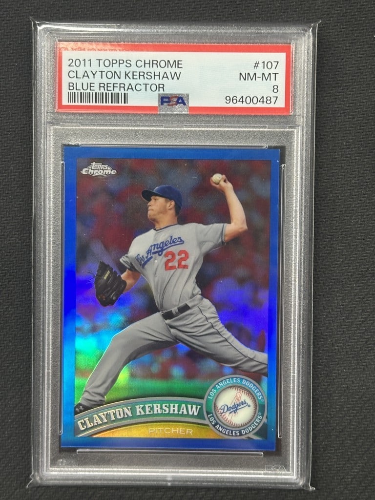 Clayton Kershaw 2011 Topps Chrome Blue Refractor PSA 8 Dodgers Card #107: Clayton Kershaw 2011 Topps Chrome Blue Refractor PSA 8 Dodgers Card #107 Elevate your collection with this 2011 Topps Chrome Blue Refractor baseball card featuring Clayton Kershaw. This limited editio