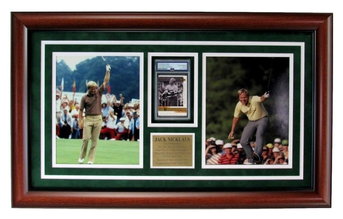 Framed Jack Nicklaus Autographed Trading Card and Photo Display PSA DNA: Framed Jack Nicklaus Autographed Trading Card and Photo Display PSA DNA This framed display features a Jack Nicklaus signed trading card accompanied by two 8x10 photographs, all professionally present