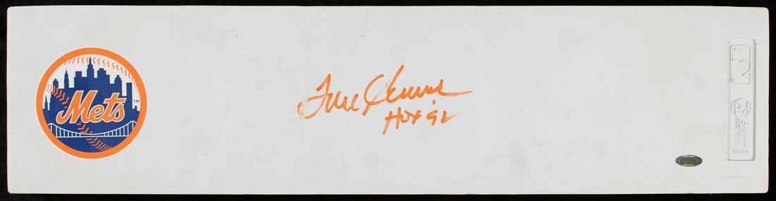 Tom Seaver Signed MLB Pitching Rubber HOF 1992 Steiner COA: Tom Seaver Signed MLB Pitching Rubber HOF 1992 Steiner COA This authentic pitching rubber features the signature of baseball legend Tom Seaver, who inscribed "HOF 92" beneath his name in orange Sharpi