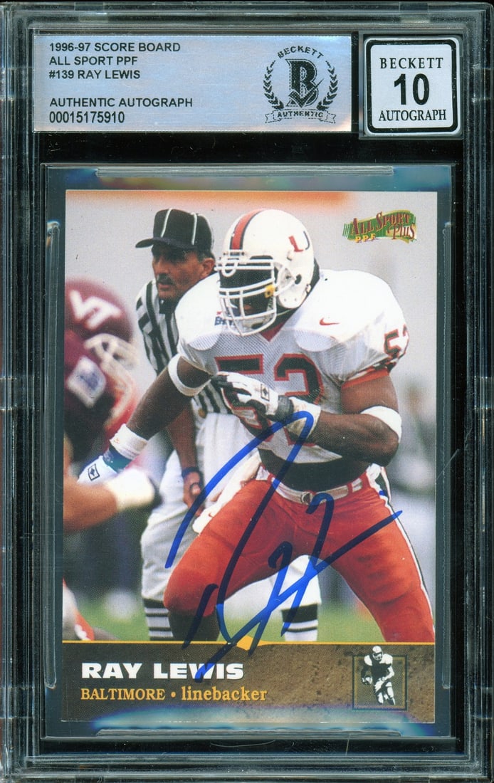 1996-97 Score Board Ray Lewis RC Autographed #139 Hurricanes BGS 10: 1996-97 Score Board Ray Lewis RC Autographed #139 Hurricanes BGS 10 This 1996-97 Score Board All Sport PPF #139 trading card features Ray Lewis, a renowned football player from the Miami Hurricanes. T