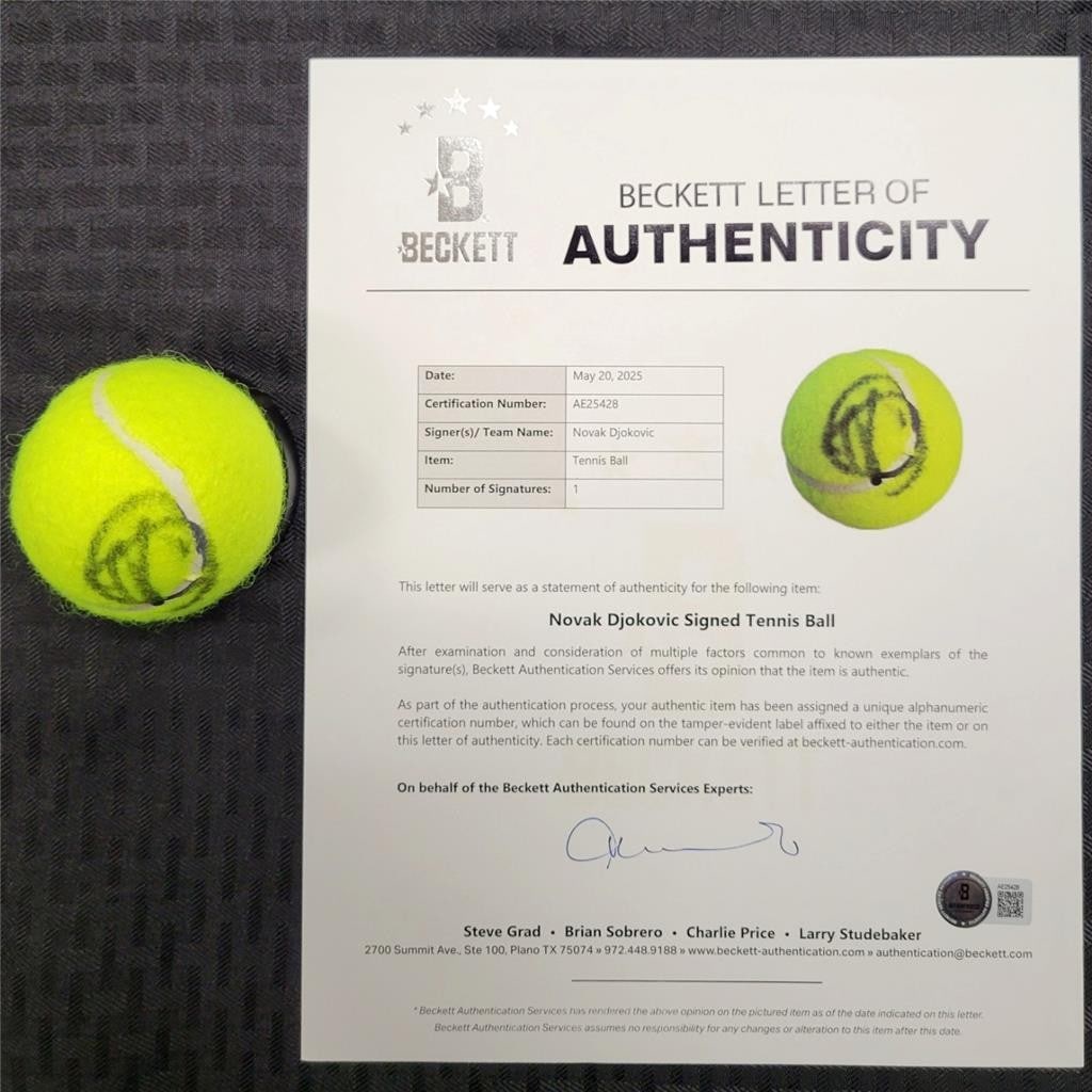 Novak Djokovic Signed Tennis Ball Authenticated by Beckett BAS: Novak Djokovic Signed Tennis Ball Authenticated by Beckett BAS This is a pre-owned tennis ball signed by Novak Djokovic, the renowned tennis champion and winner of multiple Wimbledon titles. The autog