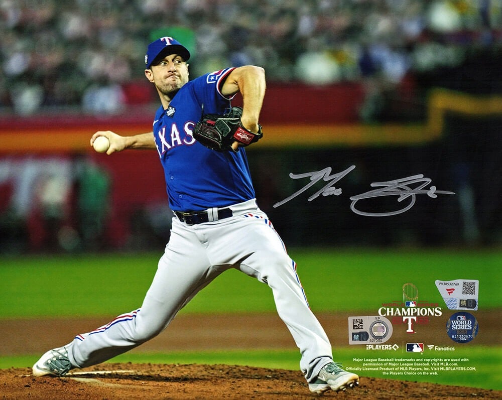 Max Scherzer Signed 2023 Rangers World Series 8x10 Photo with Fanatics COA: Max Scherzer Signed 2023 Rangers World Series 8x10 Photo with Fanatics COA Celebrate a remarkable moment in baseball history with this Max Scherzer signed 2023 World Series pitching 8x10 photo. This o