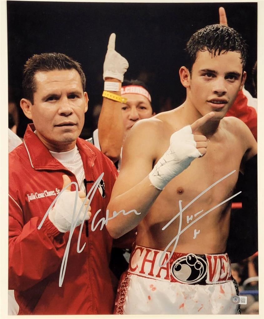 Julio Cesar Chavez Sr. & Jr. Signed 16x20 Boxing Photo Beckett BAS: Julio Cesar Chavez Sr. & Jr. Signed 16x20 Boxing Photo Beckett BAS This is an original signed 16x20 photo featuring boxing legends Julio Cesar Chavez Sr. and Jr. The autograph has been authenticated b
