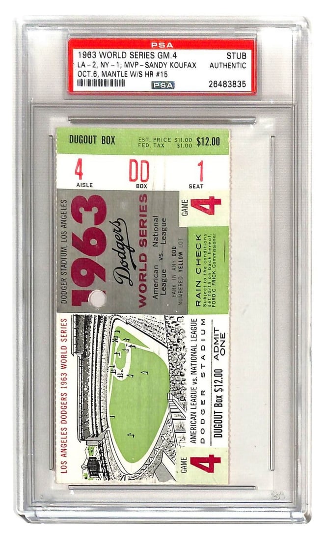 1963 World Series Game 4 Ticket Dodgers vs Yankees Mantle Koufax MVP Authentic: 1963 World Series Game 4 Ticket Dodgers vs Yankees Mantle Koufax MVP Authentic This authentic ticket from Game 4 of the 1963 World Series features the legendary matchup between the Los Angeles Dodgers