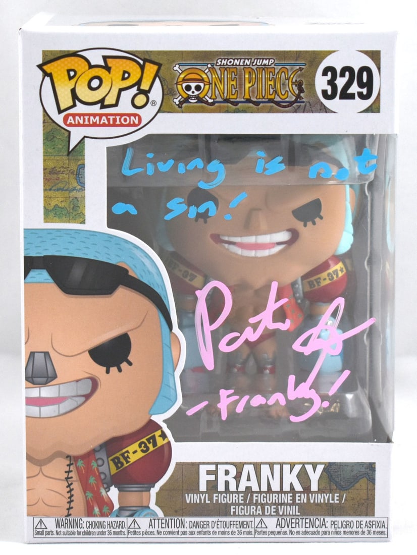 Patrick Seitz Autographed Funko Pop Franky #329 JSA Inscription: Patrick Seitz Autographed Funko Pop Franky #329 JSA Inscription This Patrick Seitz autographed Funko POP figure features the beloved character Franky from the popular anime franchise One Piece. The co