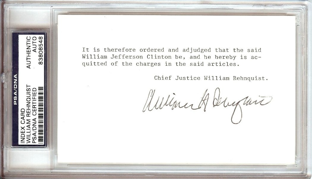 William Rehnquist Autographed Index Card PSA/DNA Certified SCOTUS Chief Justice: William Rehnquist Autographed Index Card PSA/DNA Certified SCOTUS Chief Justice This is an original autographed index card signed by William Rehnquist, the former Chief Justice of the United States Su