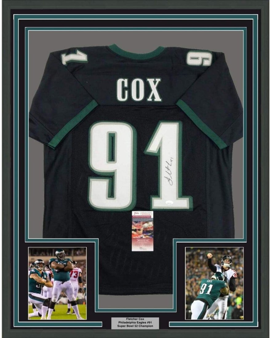 Framed Signed Fletcher Cox Jersey Philadelphia Eagles JSA COA 33x42: Framed Signed Fletcher Cox Jersey Philadelphia Eagles JSA COA 33x42 Showcase your love for football with this professionally framed autographed Fletcher Cox Philadelphia Eagles black jersey. Measuring