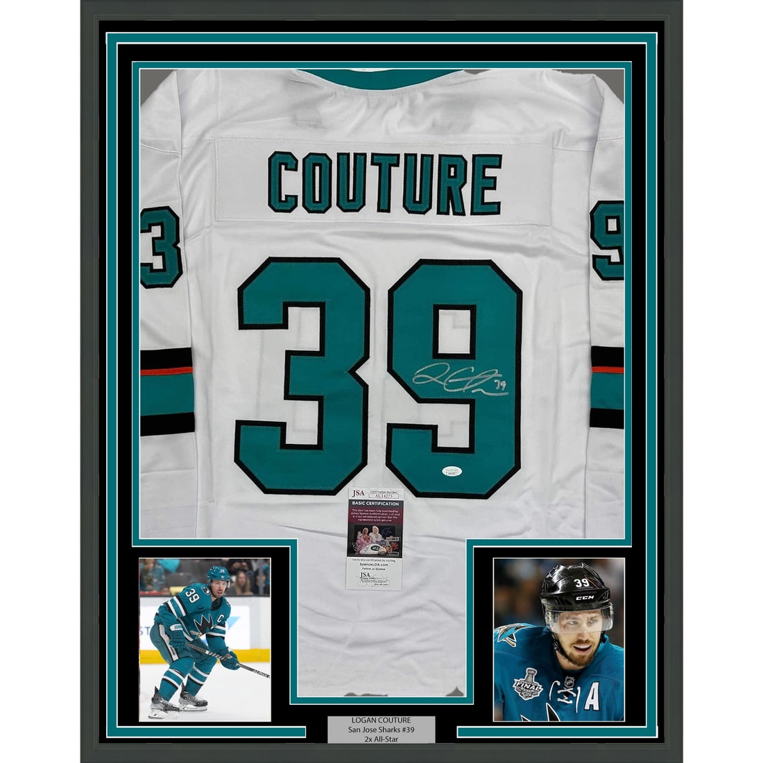 Framed Autographed Logan Couture San Jose Sharks Jersey with JSA COA 35x39: Framed Autographed Logan Couture San Jose Sharks Jersey with JSA COA 35x39 This professionally framed and matted piece showcases an autographed San Jose Sharks white jersey signed by NHL athlete Logan