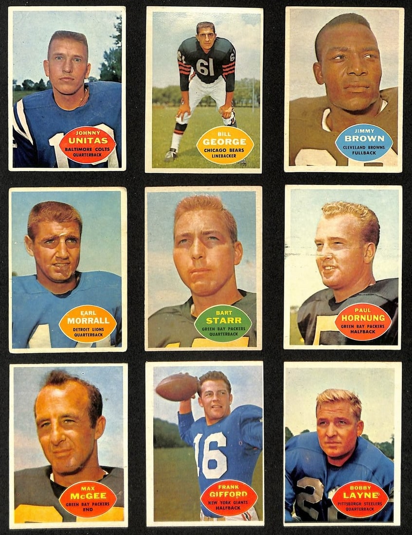 1960 Topps Football Complete Set 132 Cards Starr Unitas Gifford: 1960 Topps Football Complete Set 132 Cards Starr Unitas Gifford This is a complete set of 1960 Topps Football cards, featuring all 132 cards from the season. The set is professionally stored in 9 pock