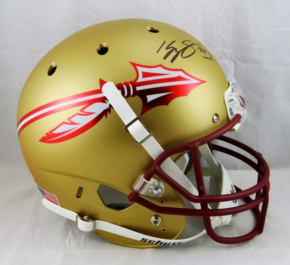 Kelvin Benjamin Autographed Seminoles Schutt Helmet JSA Authenticated: Kelvin Benjamin Autographed Seminoles Schutt Helmet JSA Authenticated This Florida State Seminoles full-size gold matte Schutt helmet is a must-have for any football fan. Authenticated with a JSA witn