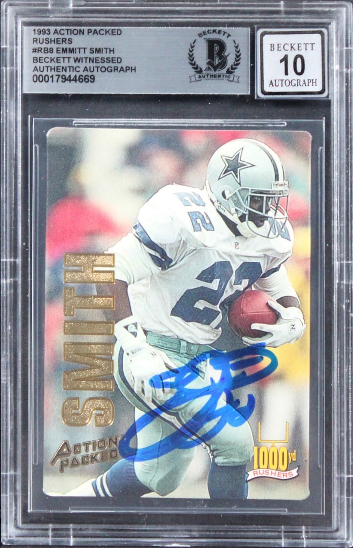 Emmitt Smith Signed 1993 Action Packed Rushers Card Gem Mint 10 Beckett Slabbed: Emmitt Smith Signed 1993 Action Packed Rushers Card Gem Mint 10 Beckett Slabbed This 1993 Action Packed Rushers #RB8 card has been personally signed by NFL legend Emmitt Smith, a key player for the Da