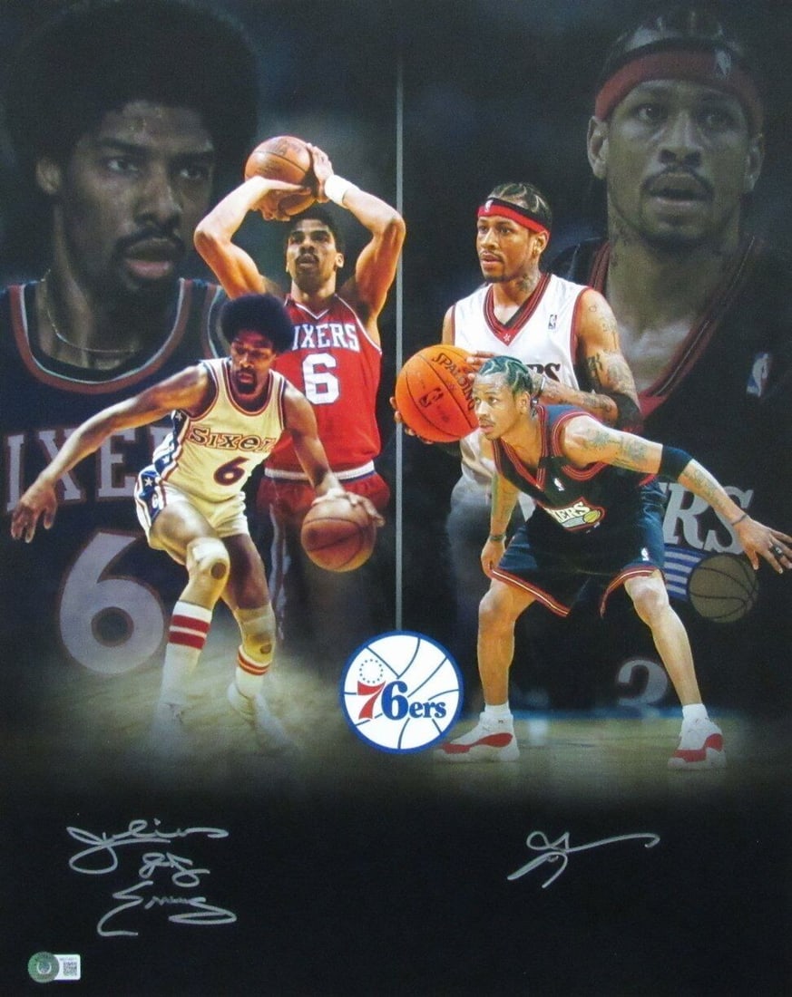 Julius Erving Allen Iverson Dual Autographed 16x20 Photo 76ers Beckett Authenticated: Julius Erving Allen Iverson Dual Autographed 16x20 Photo 76ers Beckett Authenticated This original 16x20 photo features dual autographs from NBA legends Julius "Dr. J" Erving and Allen Iverson, both H