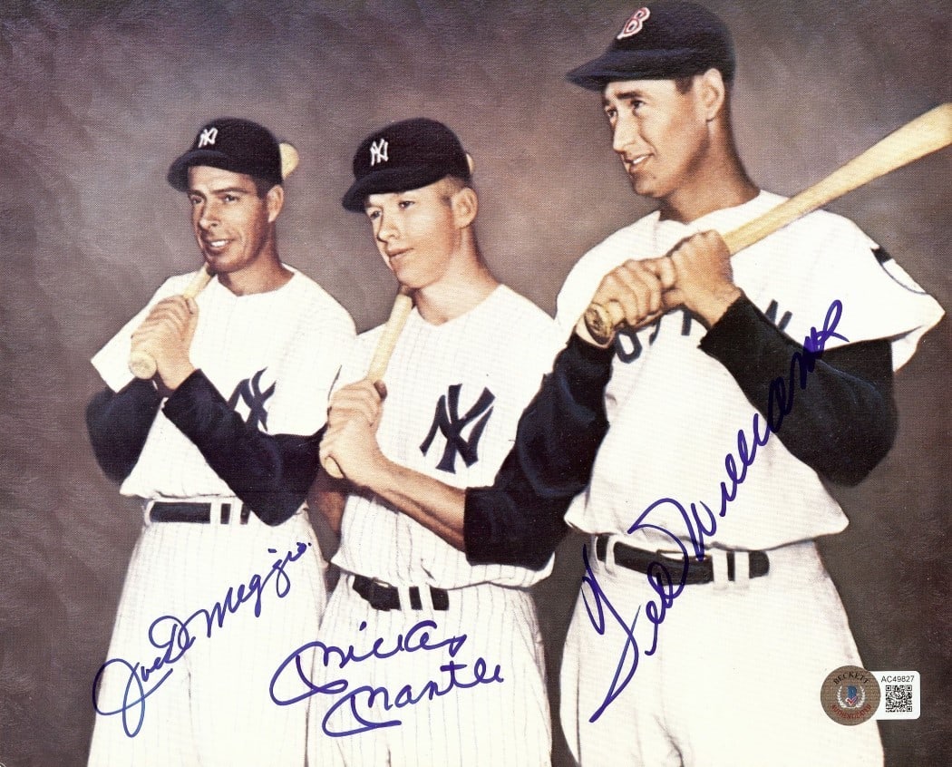 Mickey Mantle Joe DiMaggio Ted Williams Signed 8x10 Photo Beckett Authenticated: Mickey Mantle Joe DiMaggio Ted Williams Signed 8x10 Photo Beckett Authenticated This is an authentic 8x10 photo featuring the legendary baseball players Mickey Mantle, Joe DiMaggio, and Ted Williams,