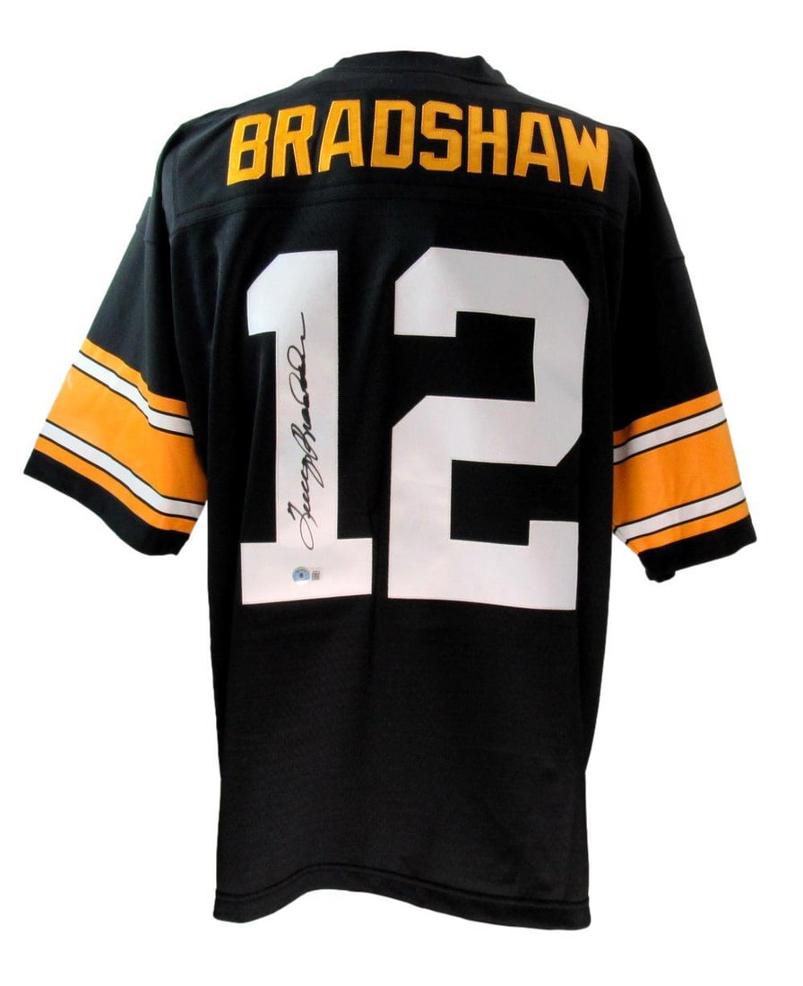 Terry Bradshaw Autographed Mitchell & Ness Steelers Jersey Beckett 170739: Terry Bradshaw Autographed Mitchell & Ness Steelers Jersey Beckett 170739 This is an original, pre-owned Mitchell & Ness football jersey signed by the legendary Terry Bradshaw, a prominent player for