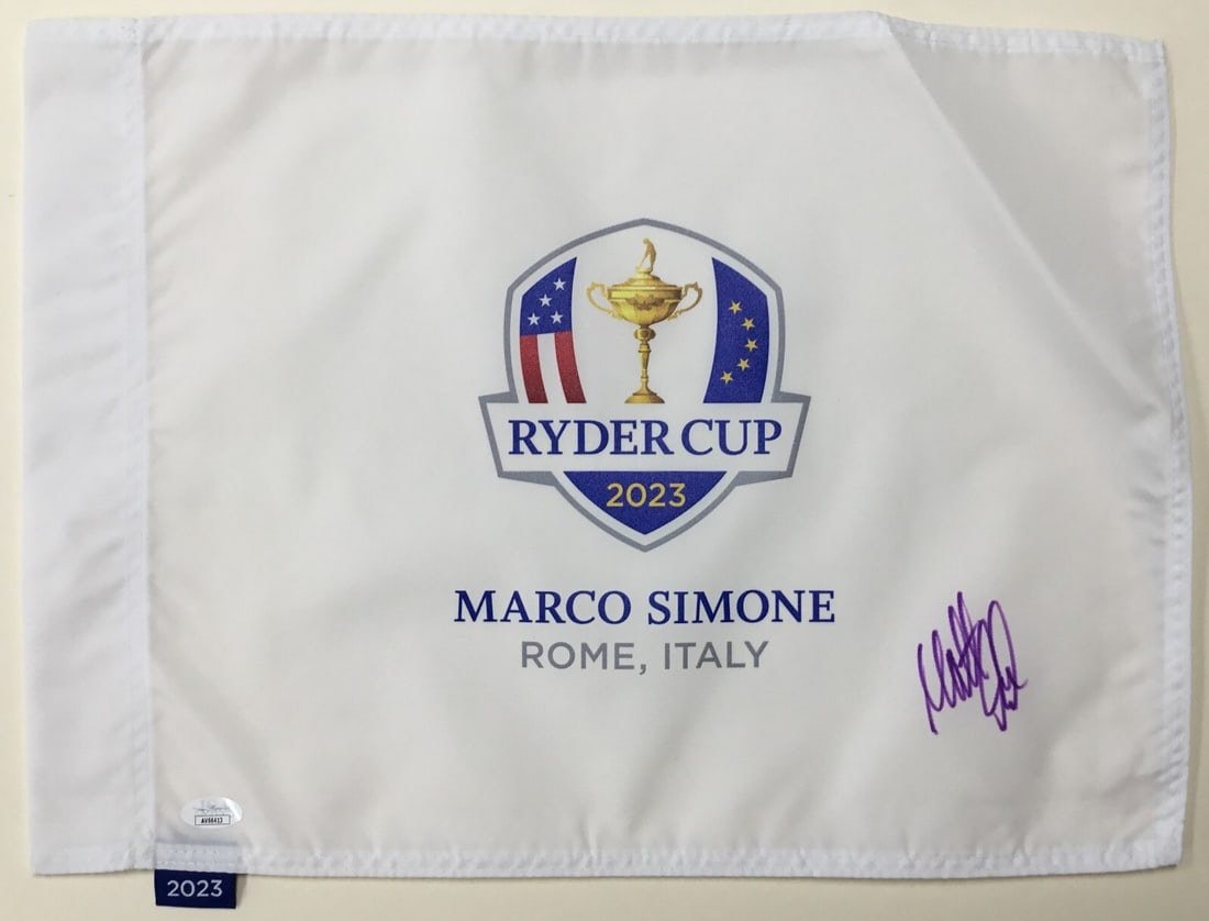 Matthew Fitzpatrick Signed 2023 Ryder Cup Pin Flag JSA Authenticated: Matthew Fitzpatrick Signed 2023 Ryder Cup Pin Flag JSA Authenticated This is an original 2023 Ryder Cup pin flag signed by PGA star Matthew Fitzpatrick, featuring an authenticated signature by James S