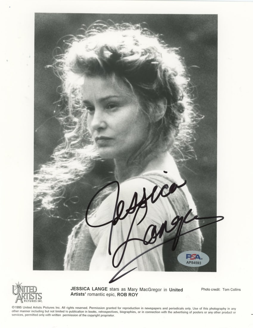 Jessica Lange Autographed 8x10 Photograph from Rob Roy with PSA DNA Authentication: Jessica Lange Autographed 8x10 Photograph from Rob Roy with PSA DNA Authentication This is an authentic, pre-owned 8x10 vertical photograph personally signed by Jessica Lange from the film Rob Roy. Th