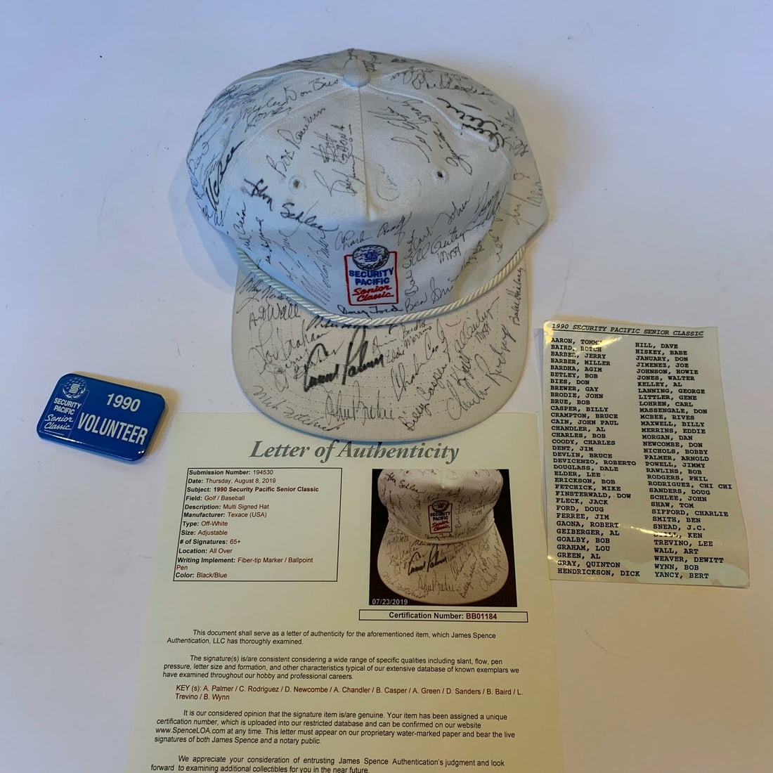 1990 PGA Security Pacific Classic Signed Hat with 65+ Autographs JSA COA: 1990 PGA Security Pacific Classic Signed Hat with 65+ Autographs JSA COA This unique piece of golf memorabilia is a white Texace cap from the 1990 Security Pacific Senior Classic, signed by over 65 no