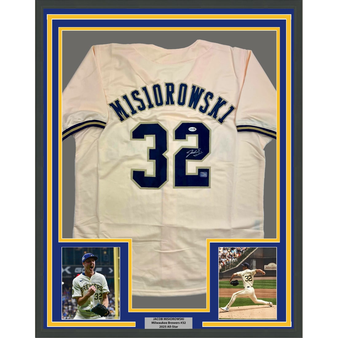 Jacob Misiorowski Signed Cream Milwaukee Jersey 35x39 Framed with JSA Authentication: Jacob Misiorowski Signed Cream Milwaukee Jersey 35x39 Framed with JSA Authentication This professionally framed and matted Milwaukee Brewers cream jersey is autographed by Jacob Misiorowski. The displ