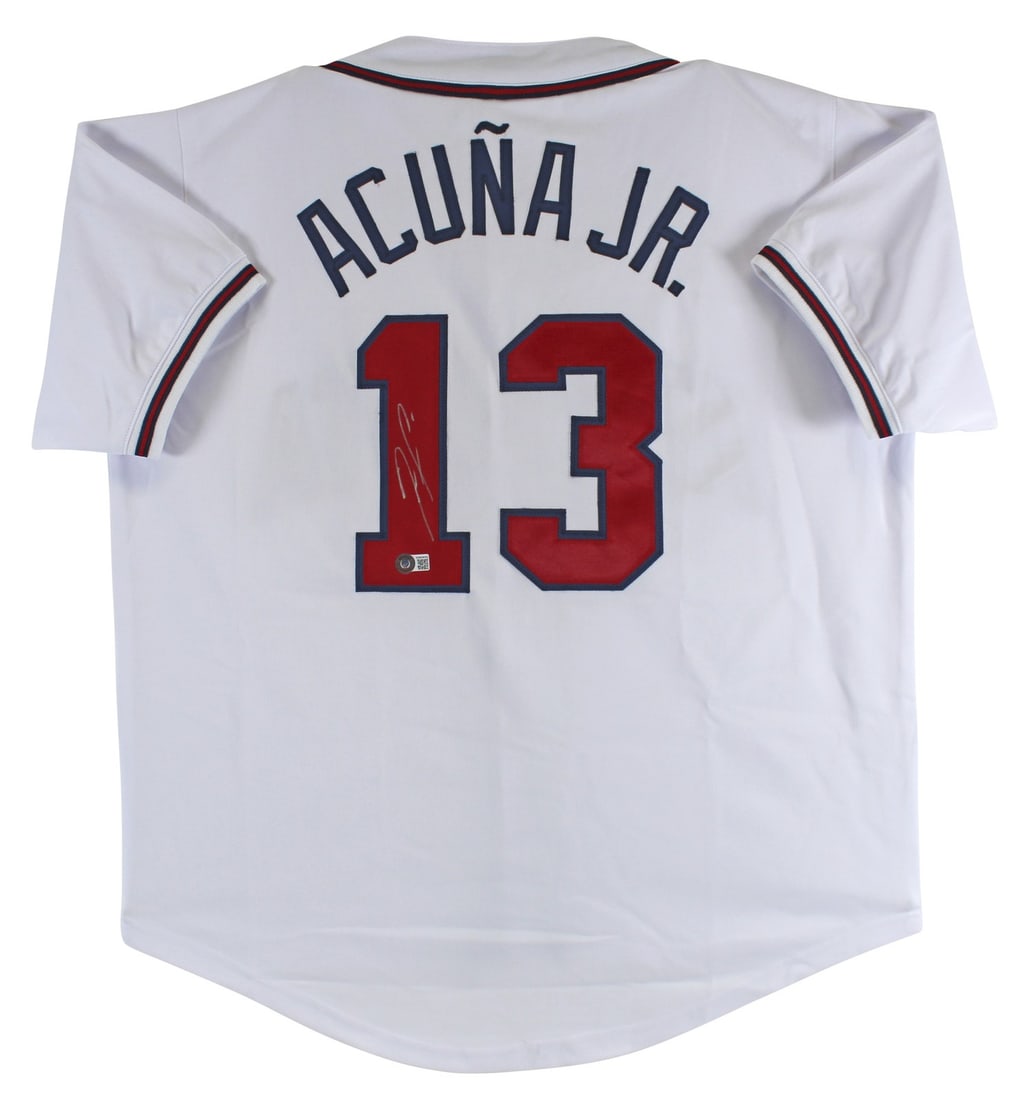 Ronald Acuna Jr. Signed White Pro Style Jersey Atlanta Braves Beckett Authenticated: Ronald Acuna Jr. Signed White Pro Style Jersey Atlanta Braves Beckett Authenticated This authentic autographed white pro style jersey has been personally signed by Ronald Acuna Jr. of the Atlanta Brav