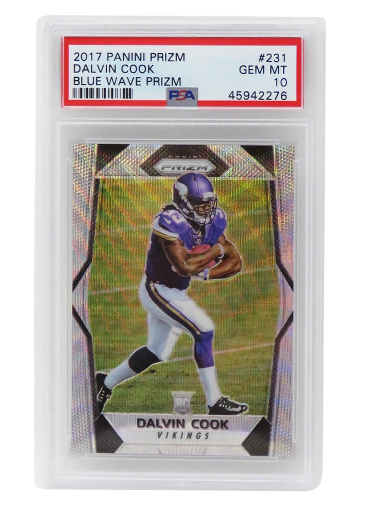 Dalvin Cook 2017 Panini Prizm Blue Wave RC Card #231 PSA 10 Gem Mint: Dalvin Cook 2017 Panini Prizm Blue Wave RC Card #231 PSA 10 Gem Mint This listing features a Dalvin Cook 2017 Panini Prizm Blue Wave Prizm rookie card, graded Gem Mint 10 by PSA, representing the high