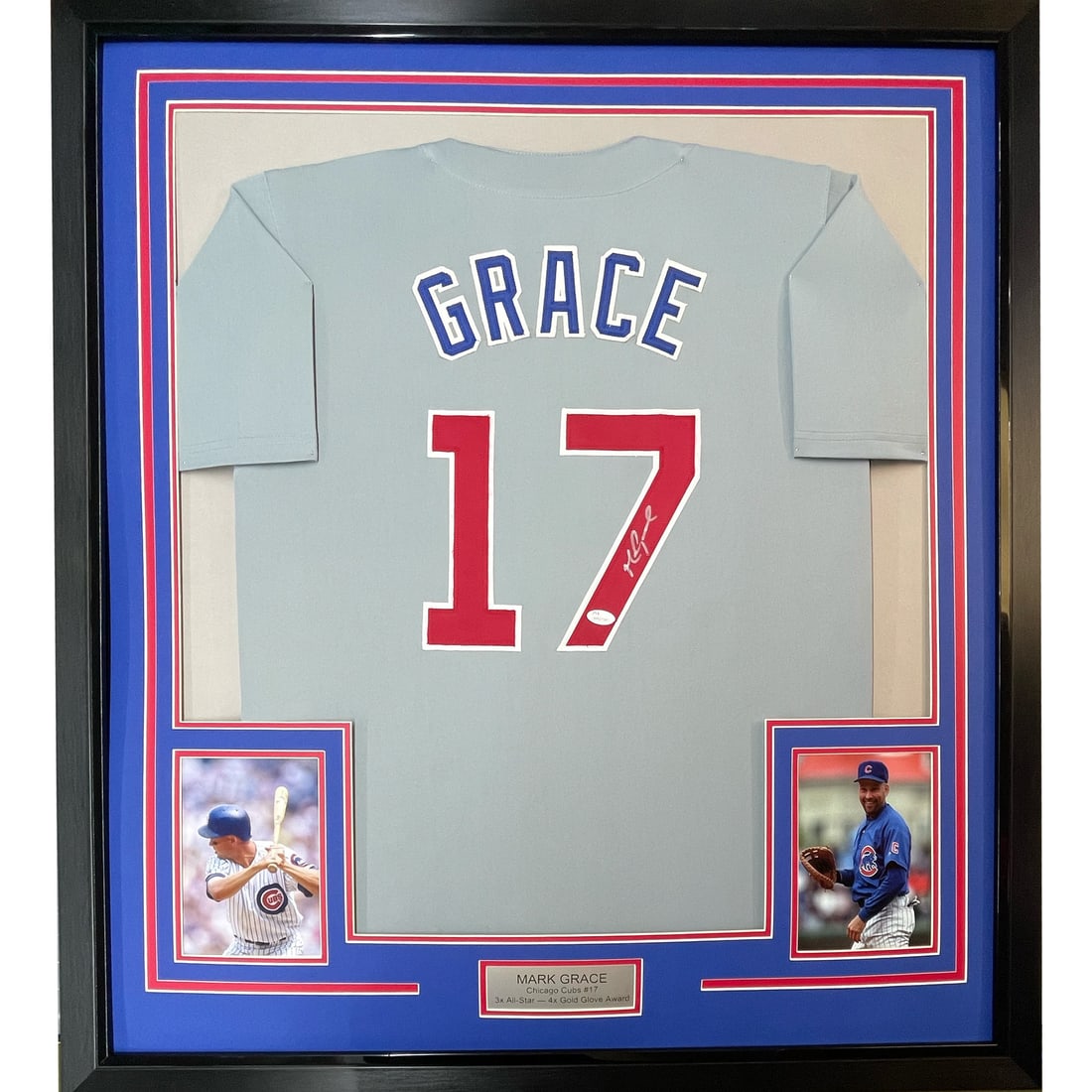 Framed Autographed Mark Grace Chicago Cubs Jersey with JSA COA: Framed Autographed Mark Grace Chicago Cubs Jersey with JSA COA Celebrate your love for baseball with this professionally framed and autographed Mark Grace Chicago Cubs jersey. The jersey is authentic