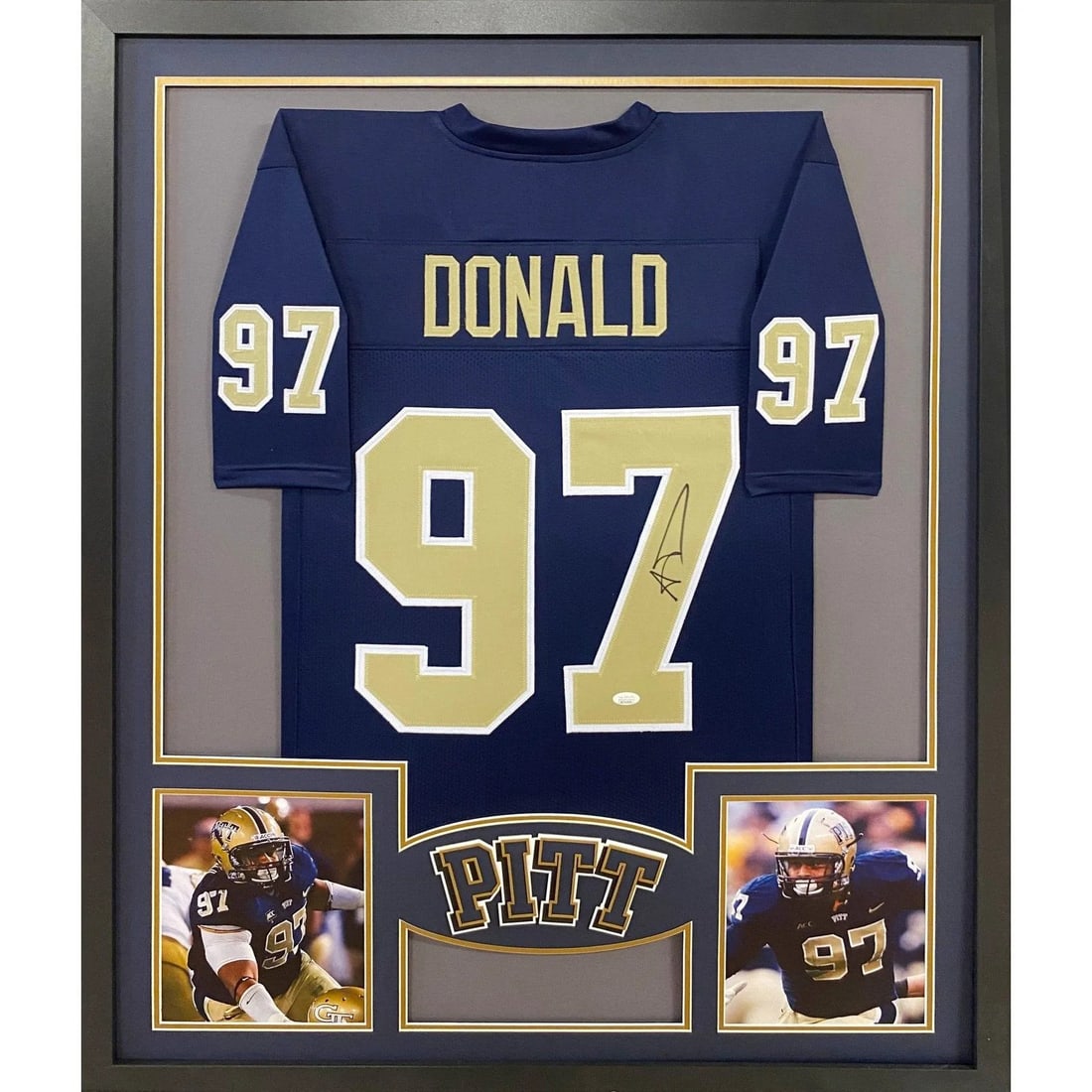 Aaron Donald Autographed Framed Jersey JSA Certified Pitt Panthers Rams: Aaron Donald Autographed Framed Jersey JSA Certified Pitt Panthers Rams This is an autographed Aaron Donald framed jersey, showcasing his time with the Pitt Panthers and the Rams. The jersey is authen