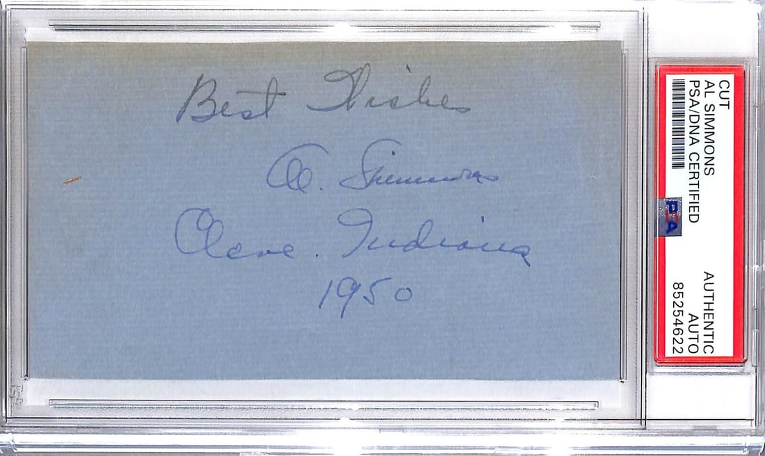 Al Simmons Autographed Cut Signature Philadelphia Athletics PSA/DNA: Al Simmons Autographed Cut Signature Philadelphia Athletics PSA/DNA This is an original 3x5 cut autographed by baseball legend Al Simmons. The item has been authenticated by Professional Sports Authen