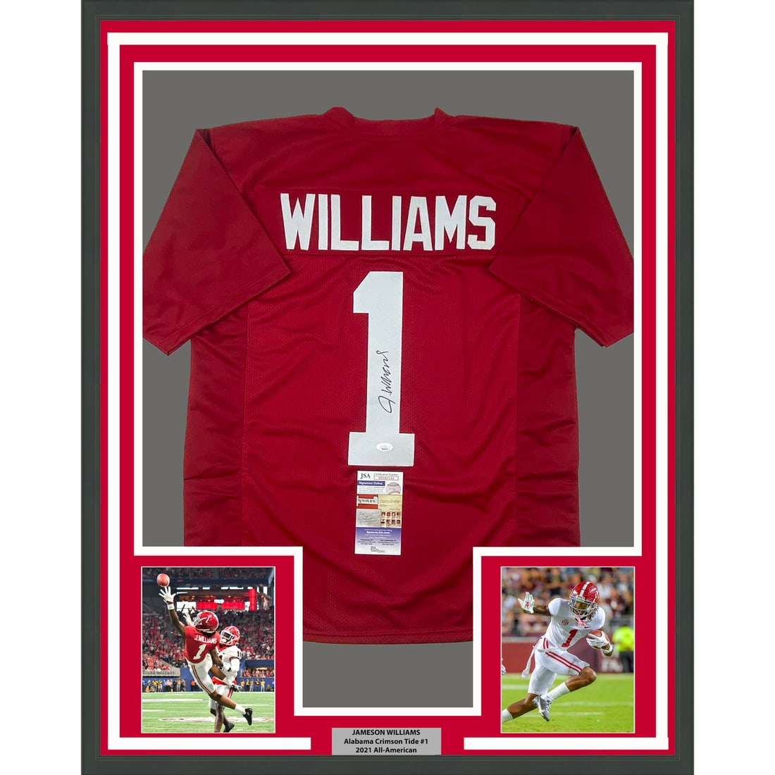 Framed Autographed Jameson Williams Alabama Jersey with JSA COA 33x42: Framed Autographed Jameson Williams Alabama Jersey with JSA COA 33x42 Elevate your football memorabilia collection with this professionally framed and matted autographed Jameson Williams Alabama Red J