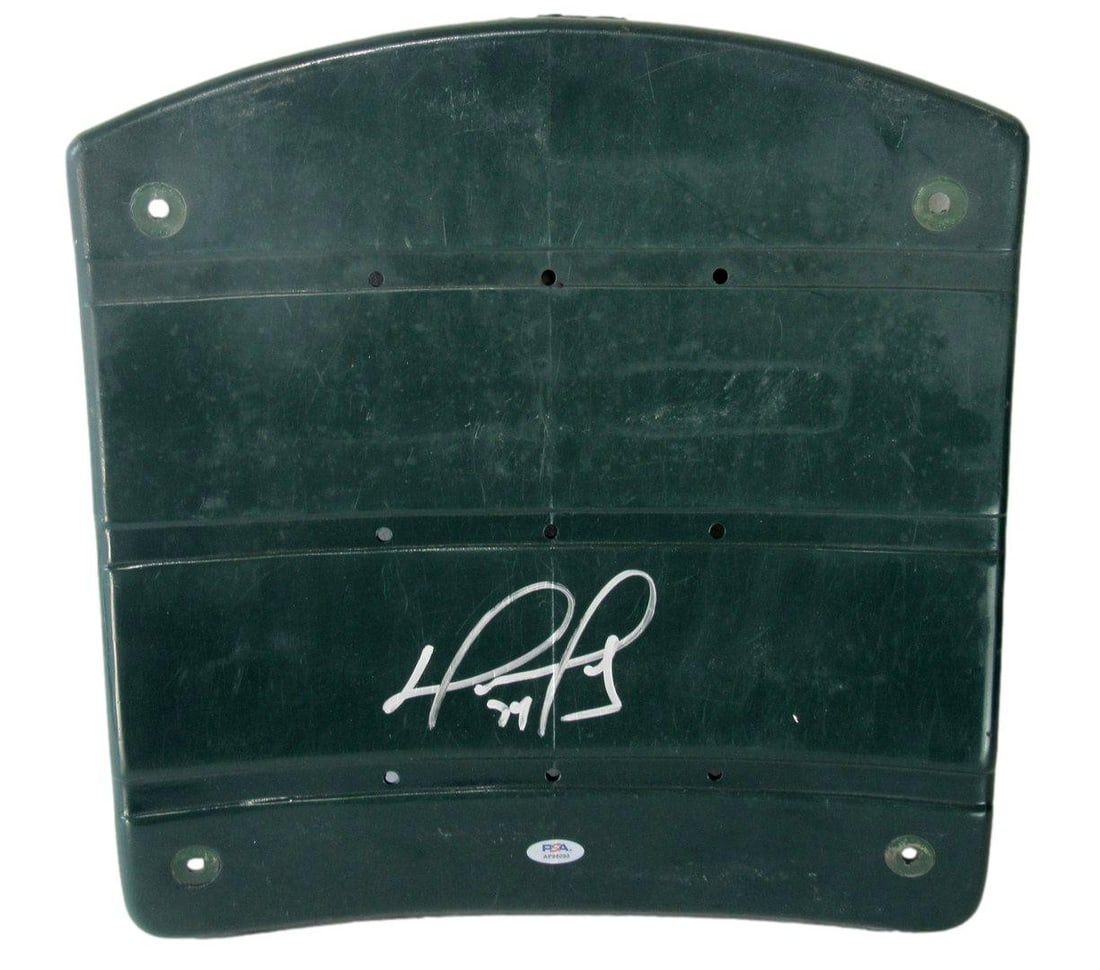 Autographed Fenway Park Green Seat Back by David Ortiz HOF PSA DNA: Autographed Fenway Park Green Seat Back by David Ortiz HOF PSA DNA This is a Boston Red Sox Fenway Park green stadium seat back autographed by Hall of Famer David Ortiz. The autograph is authenticated
