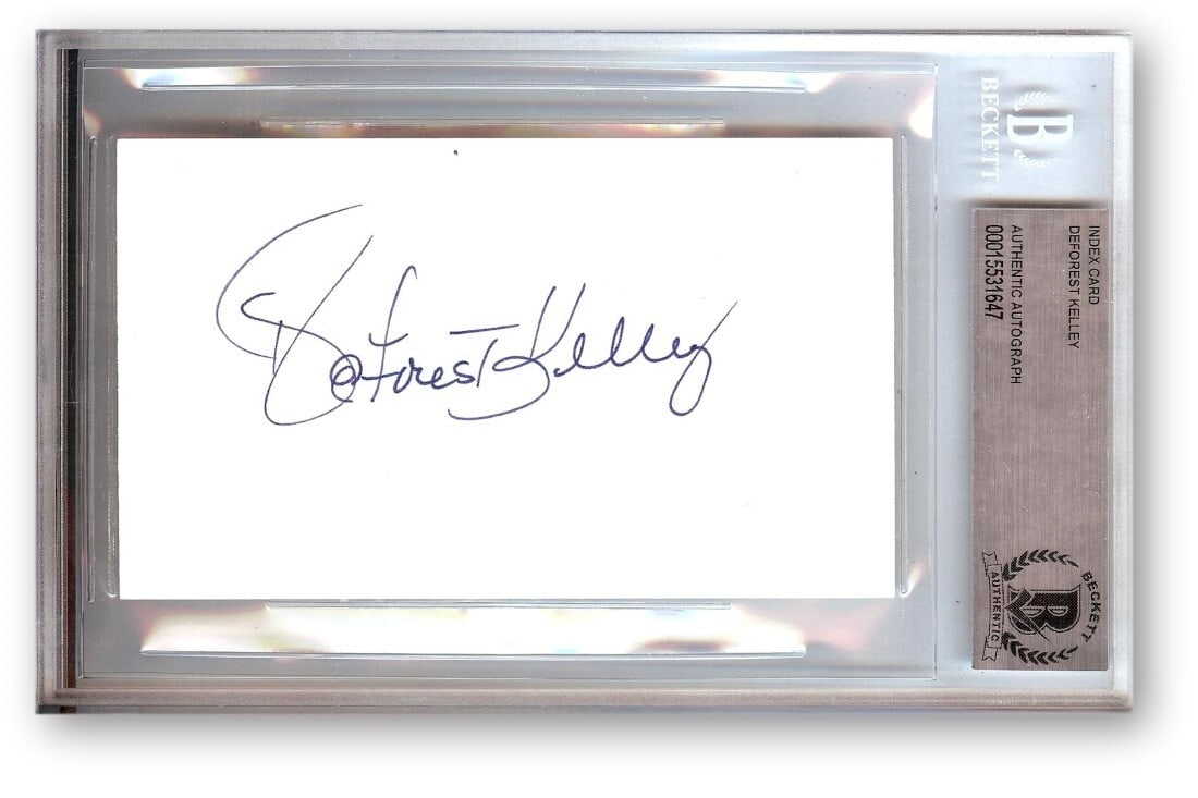 DeForest Kelley Autographed Index Card Star Trek Bones McCoy Beckett Authenticated: DeForest Kelley Autographed Index Card Star Trek Bones McCoy Beckett Authenticated This is an original autographed index card featuring the signature of DeForest Kelley, renowned for his role as Dr. L