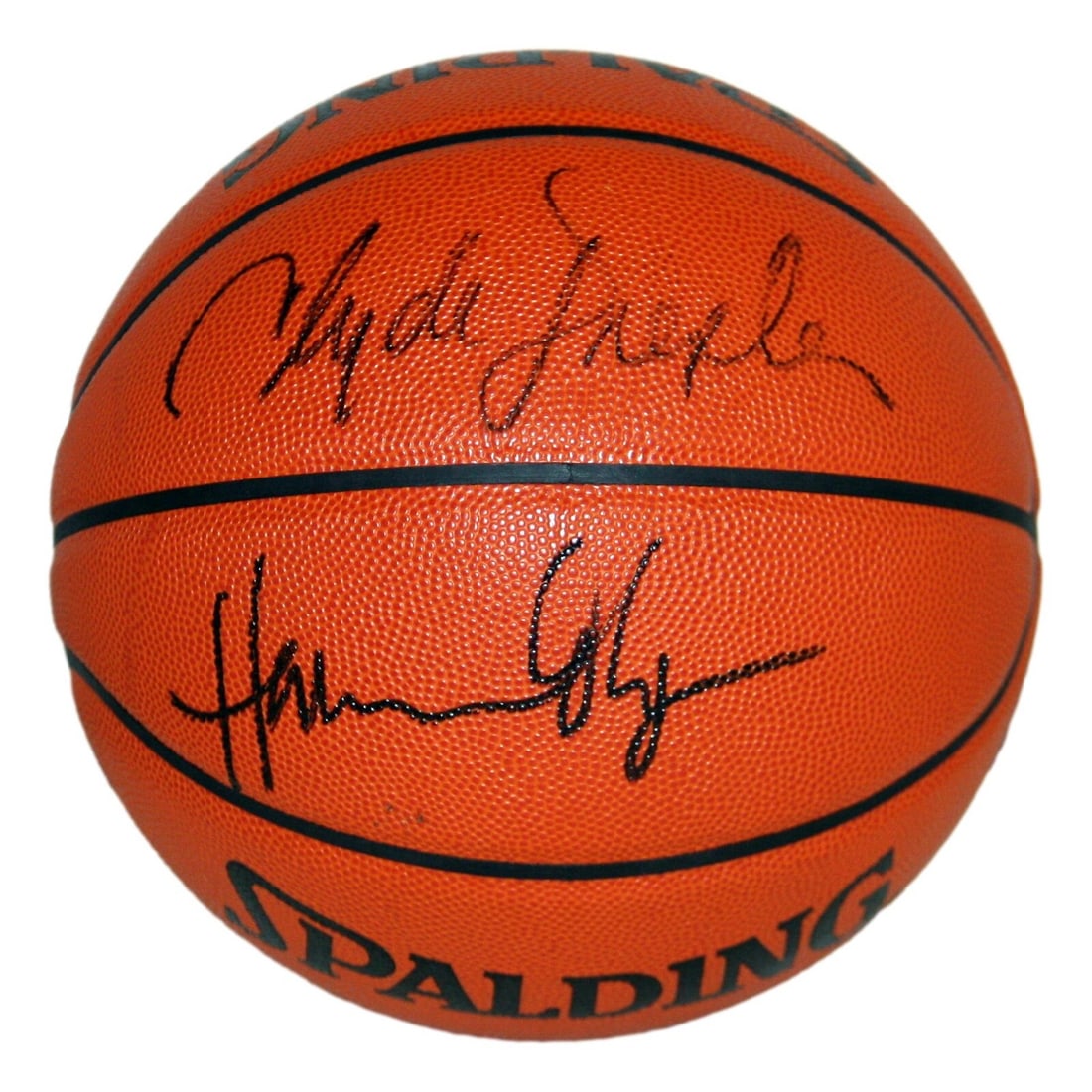 Hakeem Olajuwon Clyde Drexler Signed Basketball Houston Rockets PSA: Hakeem Olajuwon Clyde Drexler Signed Basketball Houston Rockets PSA This official leather basketball features the signatures of NBA legends Hakeem Olajuwon and Clyde Drexler, both of whom made signifi