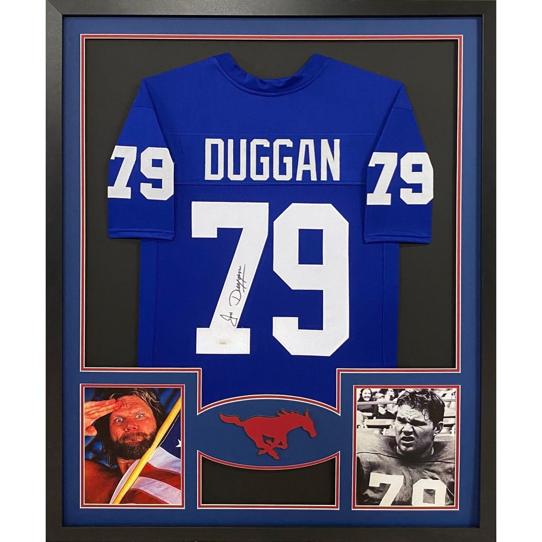 Hacksaw Jim Duggan Signed Framed SMU Jersey JSA Authenticated 42x34: Hacksaw Jim Duggan Signed Framed SMU Jersey JSA Authenticated 42x34 This autographed jersey features Hacksaw Jim Duggan, a celebrated team captain at SMU. It is professionally framed with exquisite at