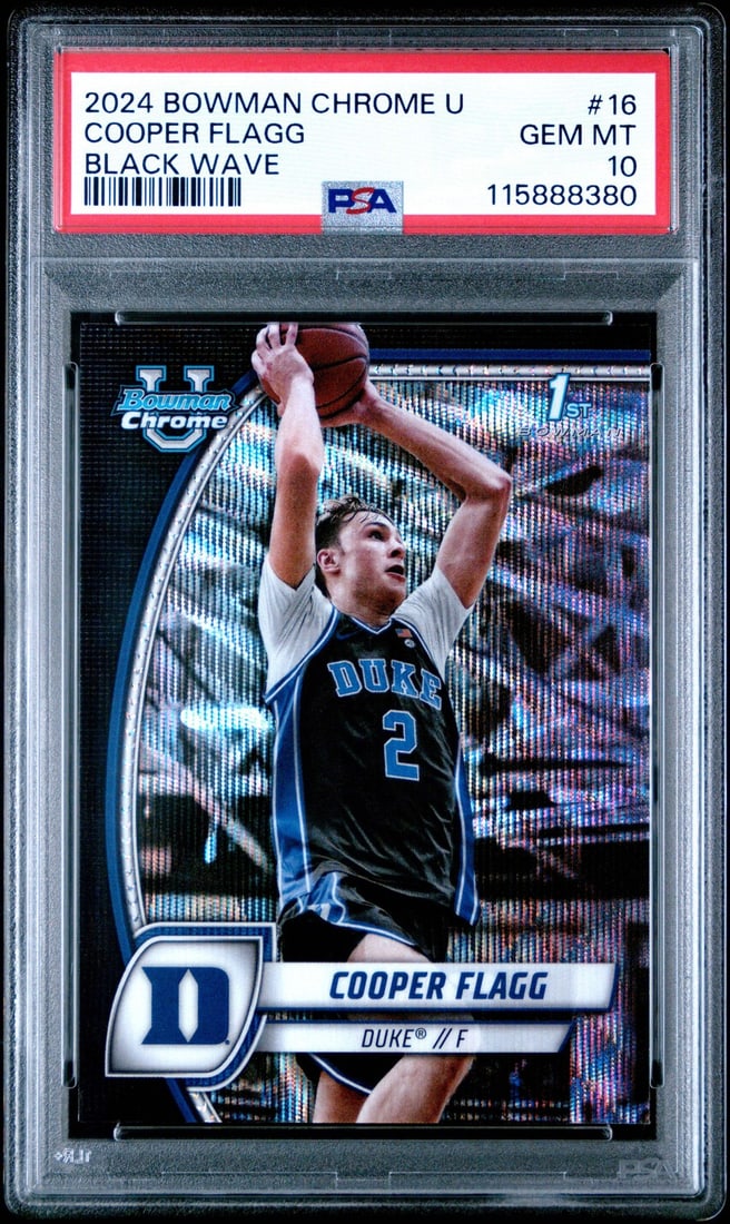 2024 Bowman Chrome Cooper Flagg #16 Black Wave PSA 10 Basketball Card: 2024 Bowman Chrome Cooper Flagg #16 Black Wave PSA 10 Basketball Card This graded 2024 Bowman Chrome U Cooper Flagg #16 Black Wave Basketball Card is a must-have for collectors. The card features Coop