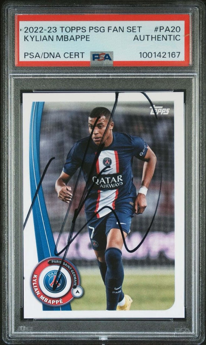 2022-23 Topps PSG Kylian Mbappe Signed Card PSA/DNA Autographed #PA20: 2022-23 Topps PSG Kylian Mbappe Signed Card PSA/DNA Autographed #PA20 This is a 2022-23 Topps PSG Fan Set #PA20 sports trading card featuring Kylian Mbappe, the renowned player of Paris Saint-Germain.