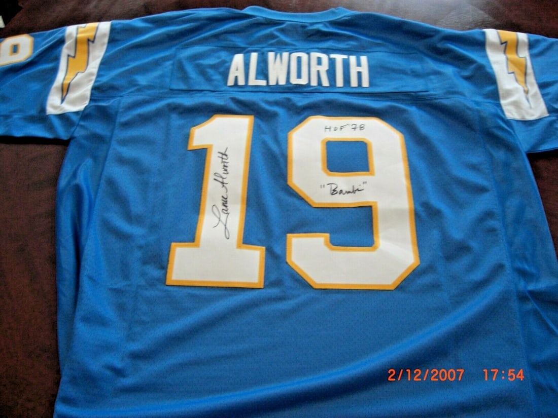 Lance Alworth Signed Chargers Jersey with COA by Mitchell & Ness: Lance Alworth Signed Chargers Jersey with COA by Mitchell & Ness Celebrate your love for football with this officially licensed Mitchell & Ness jersey, signed by the legendary Lance Alworth. This pre-