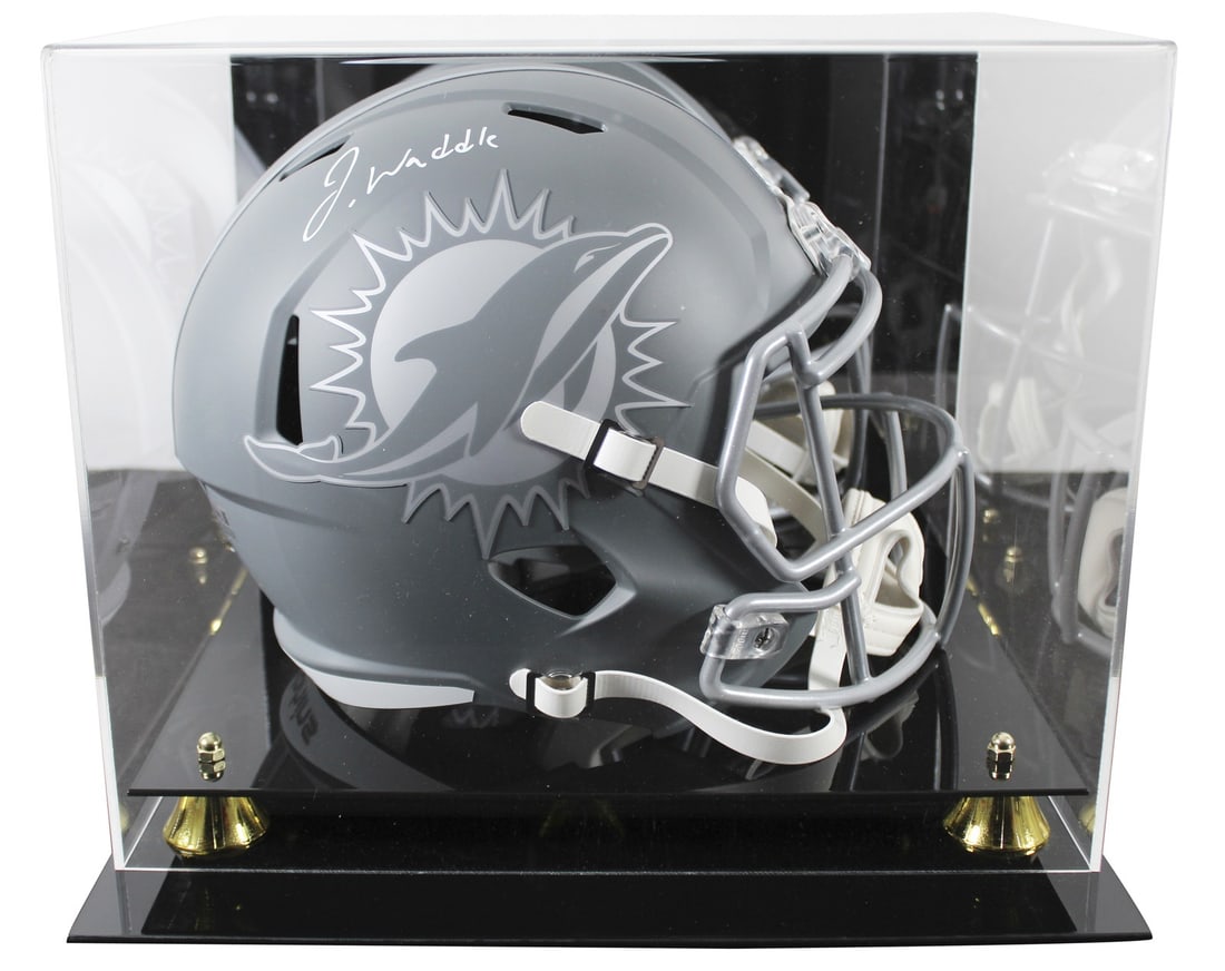 Jaylen Waddle Autographed Miami Dolphins Slate Helmet with Display Case: Jaylen Waddle Autographed Miami Dolphins Slate Helmet with Display Case This autographed full-size speed replica helmet features an alternate slate design, personally signed by Jaylen Waddle of the Mi