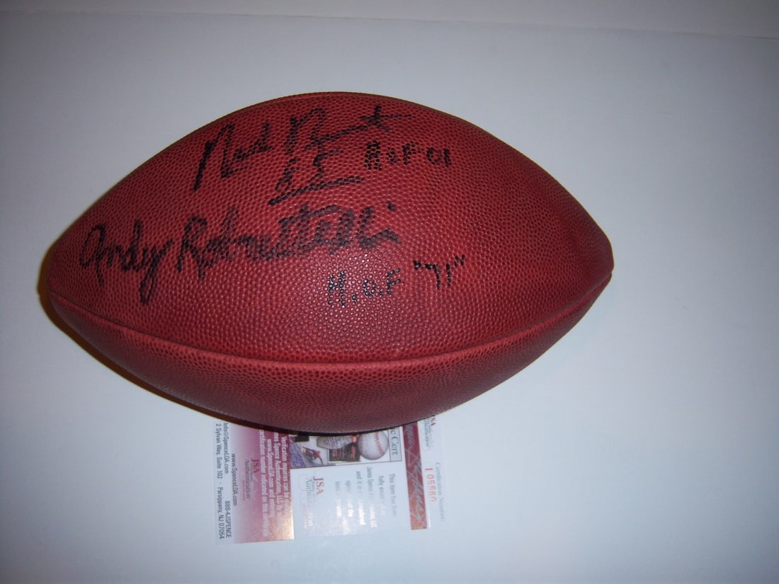 Andy Robustelli Nick Buoniconti Signed Game Football JSA COA: Andy Robustelli Nick Buoniconti Signed Game Football JSA COA This is an official game football signed by Pro Football Hall of Famers Andy Robustelli and Nick Buoniconti. The football comes with a JSA