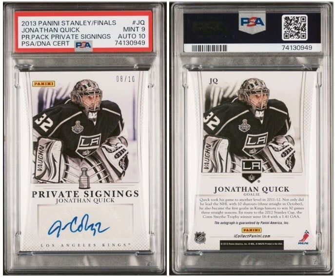 Jonathan Quick 2013 Panini Private Signings Auto 8/10 PSA 9 Kings: Jonathan Quick 2013 Panini Private Signings Auto 8/10 PSA 9 Kings This is a rare Jonathan Quick 2013 Panini Private Signings card featuring an autograph from the Stanley Cup Finals. Graded PSA 9 for q