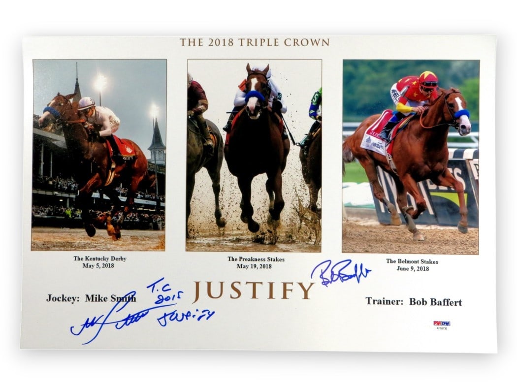 Mike Smith Bob Baffert Autographed 12x18 Photo Justify PSA Authenticated: Mike Smith Bob Baffert Autographed 12x18 Photo Justify PSA Authenticated Capture a piece of horse racing history with this stunning dual-autographed 12X18 photo featuring legendary jockey Mike Smith a