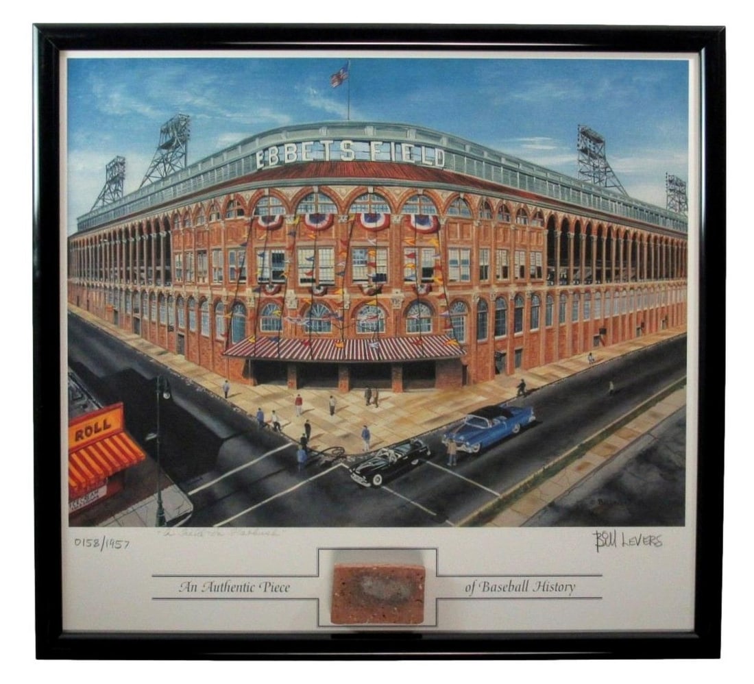 Ebbets Field Lithograph 21x24 Framed With Brick Signed by Bill Levers: Ebbets Field Lithograph 21x24 Framed With Brick Signed by Bill Levers Presenting a Vintage Brooklyn Dodgers Ebbets Field 21x24 Lithograph, beautifully framed with a brick finish. This piece is a remar