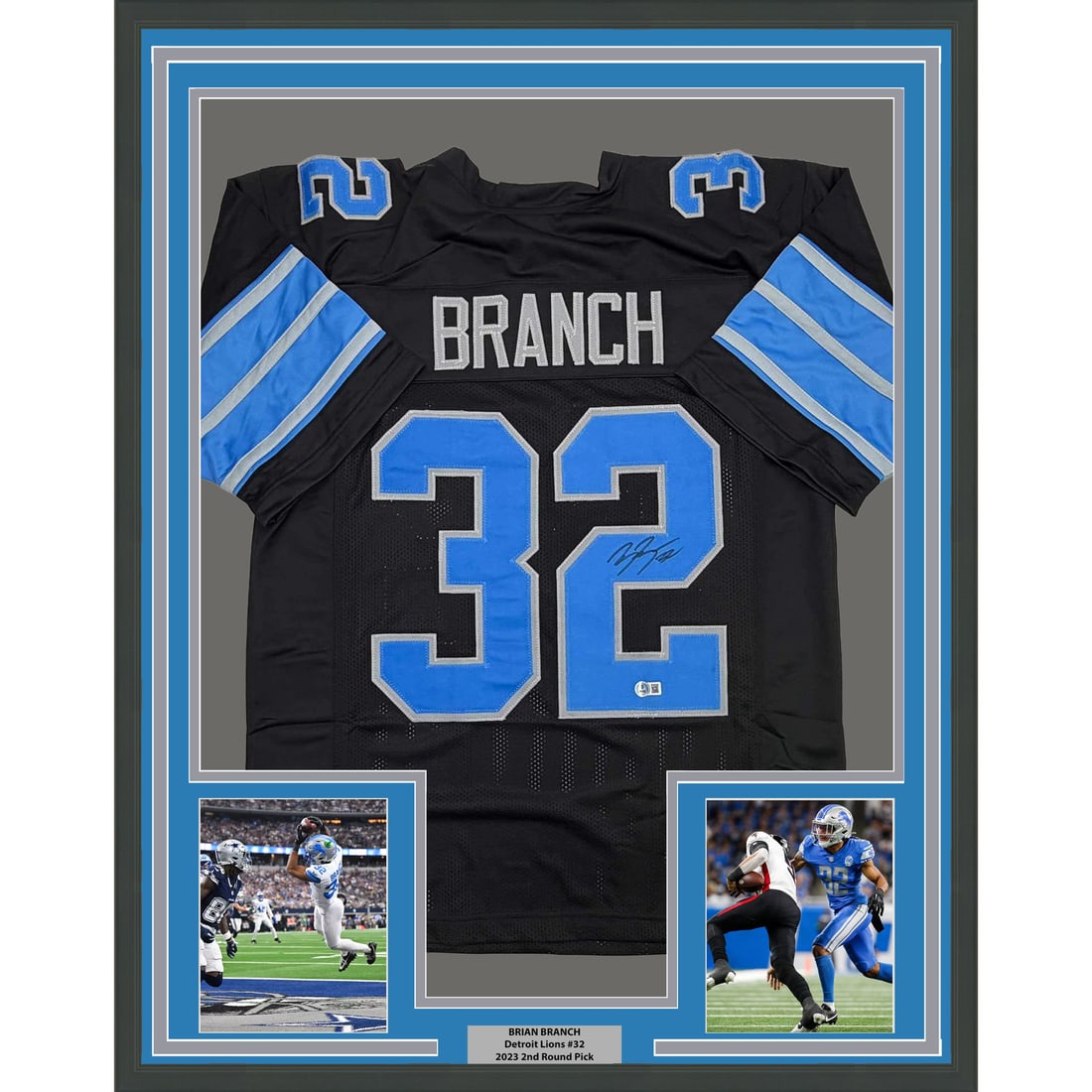 Brian Branch Signed Detroit Black Jersey Display 35x39 With Beckett COA Framed: Brian Branch Signed Detroit Black Jersey Display 35x39 With Beckett COA Framed This professionally framed display features a black Detroit Lions jersey autographed by Brian Branch. The jersey is authe