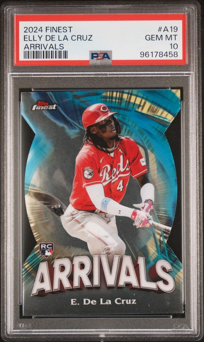 2024 Topps Finest Elly De La Cruz #A19 RC PSA 10 Graded Baseball Card: 2024 Topps Finest Elly De La Cruz #A19 RC PSA 10 Graded Baseball Card This is a graded 2024 Topps Finest Elly De La Cruz #A19 Arrivals rookie card, featuring the Cincinnati Reds player. The card has b