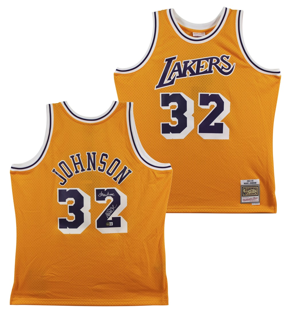 Magic Johnson Signed Lakers Jersey HOF 02 Yellow Swingman BAS: Magic Johnson Signed Lakers Jersey HOF 02 Yellow Swingman BAS Celebrate the legacy of Magic Johnson with this authentic Los Angeles Lakers "Showtime" Swingman jersey. This X-Large, yellow Mitchell & N